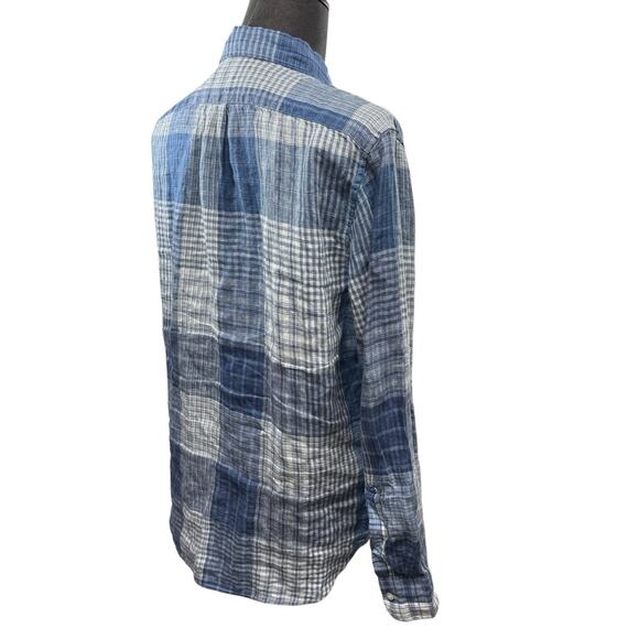 J Crew 100% Linen Slim Blue Plaid Patchwork long sleeve Button Down Size L - Picture 6 of 9